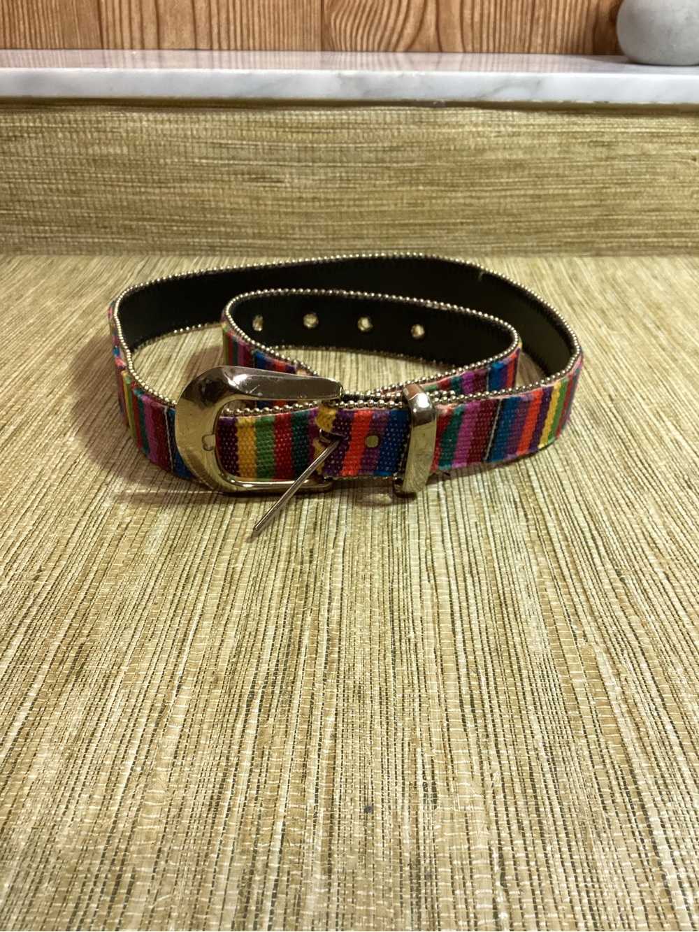 Multicolor Striped Canvas Women’s Belt with Gold Buckle